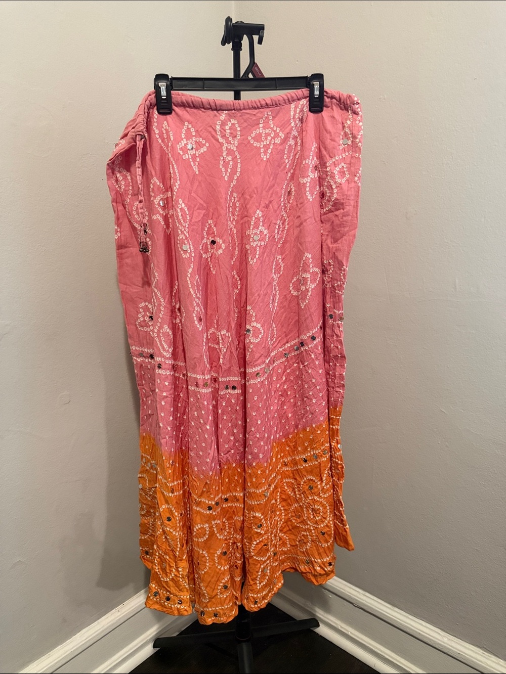 Boho Pink & Orange Embroidered Maxi Skirt